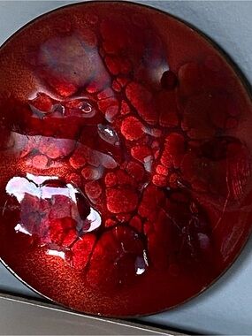 Kareka Enamel Metallic Copper Trinket Dish Red Round 4” MCM Hyannis Cape Cod